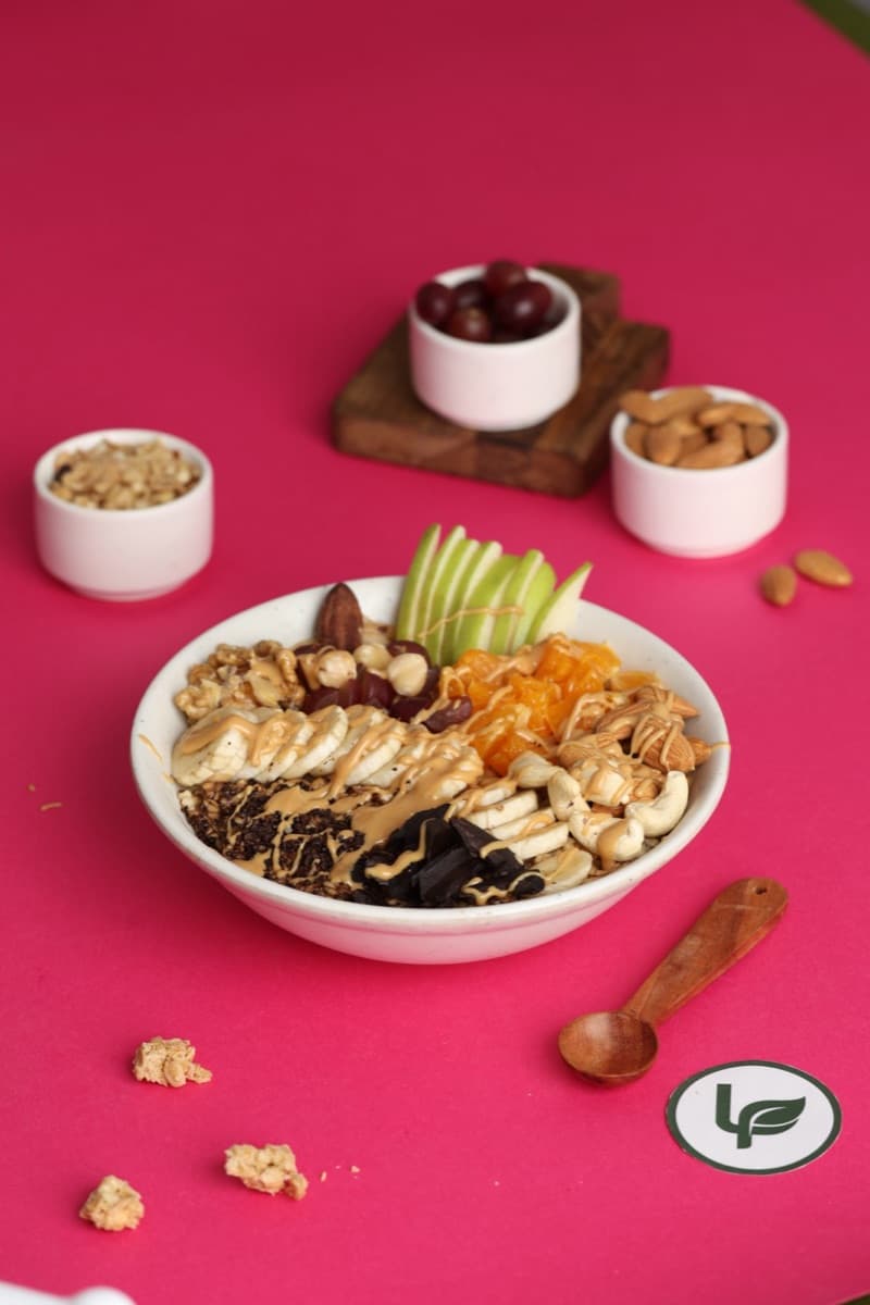 Fruit oatmeal on a bright background